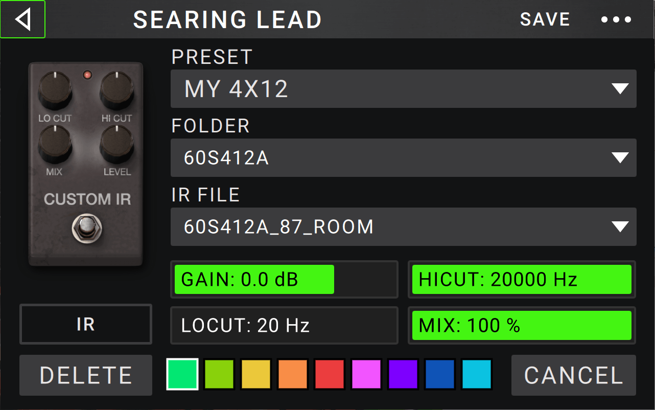 IR Detail Screen on the HeadRush Gigboard with Gain, HICUT, LOCUT, MIX options